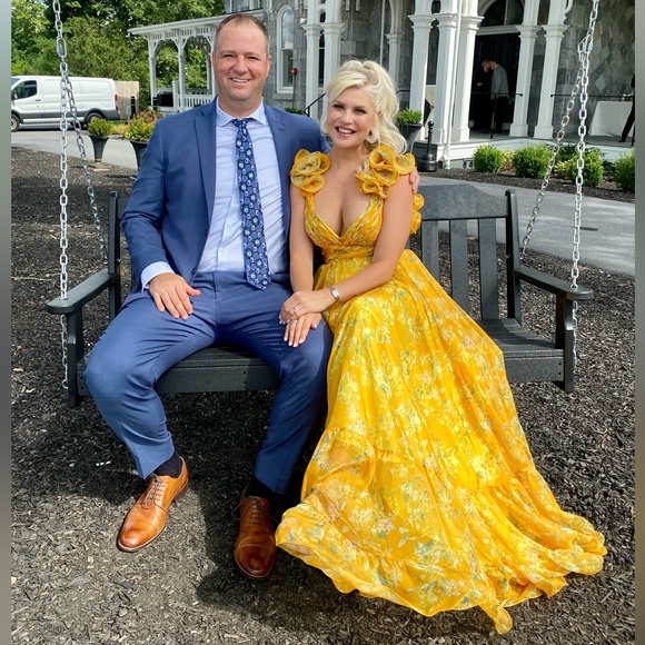 Mac Duggal | Dresses | Yellow Ruffle Tiered Floral Cutout Chiffon Gown |  Poshmark